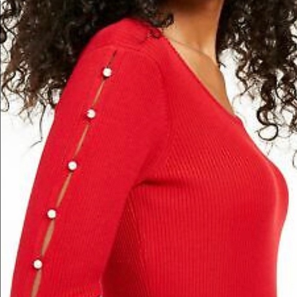 BCX Red Ribbed Sweater Dress w/Pearl Embellished Sleeves Size Small Rayon/Poly - Picture 9 of 12